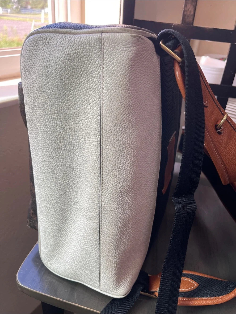 Coach Brown Monogram Backpack with Cream Front Pocket and Tan Trim